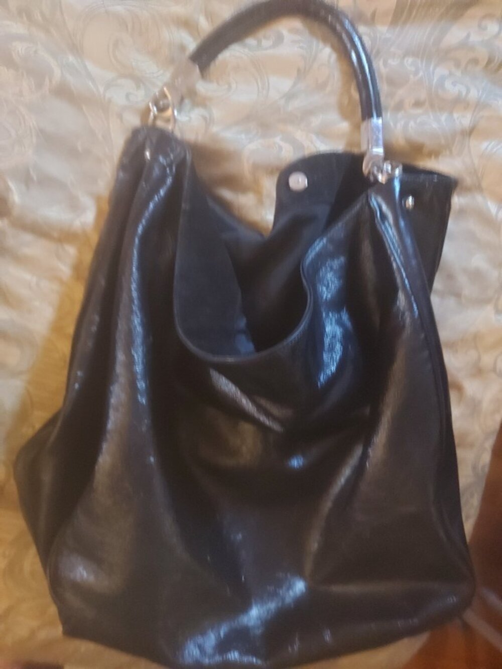 YSL YVES ST LAURENT ROADY HOBO BAG TOTE BLACK PATENT X-LGE